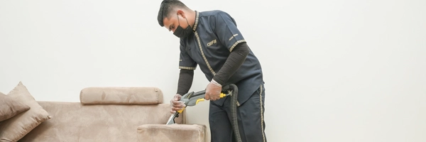 A young man cleaning sofa with vacuum cleaner in leaving room at home